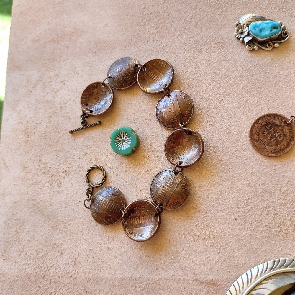 HANDMADE Unique Domed Copper Wheat Penny Toggle Bracelet Bangle